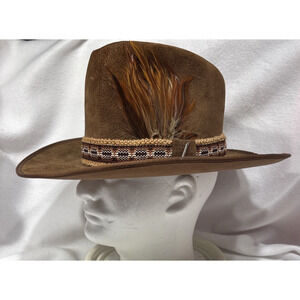 Vintage Stetson Canadian Suede Western Cowboy Hat W/Feather JBS Pin 7 1/2